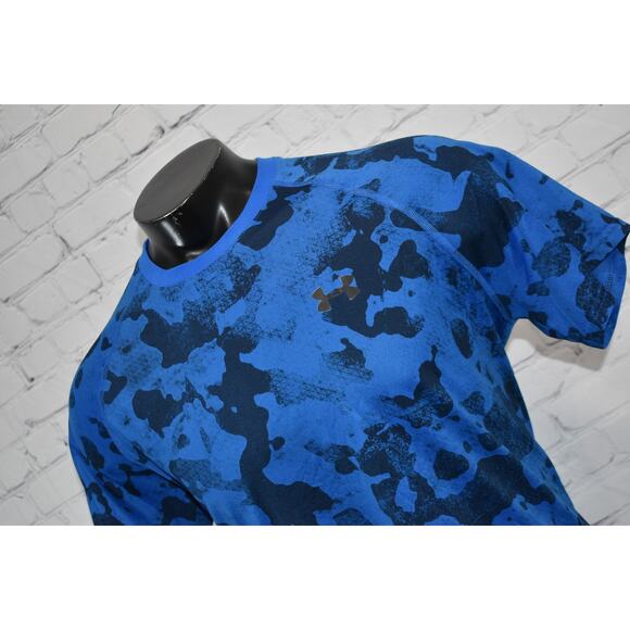 Under Armour Shirt Mens Size Large Gym Running Performance HeatGear Blue Camo - Picture 1 of 8